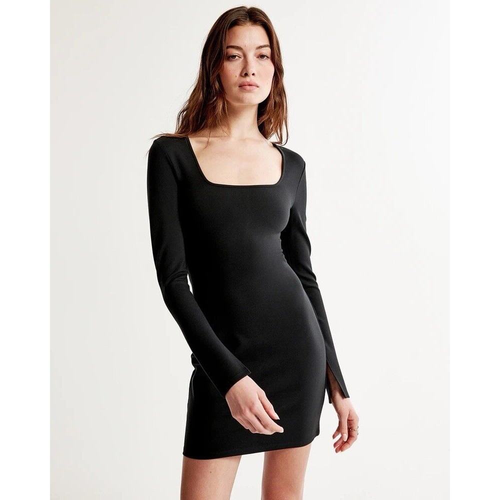 Abercrombie & Fitch Split Cuff Square Neck Long Sleeve Mini Dress Black Medium T